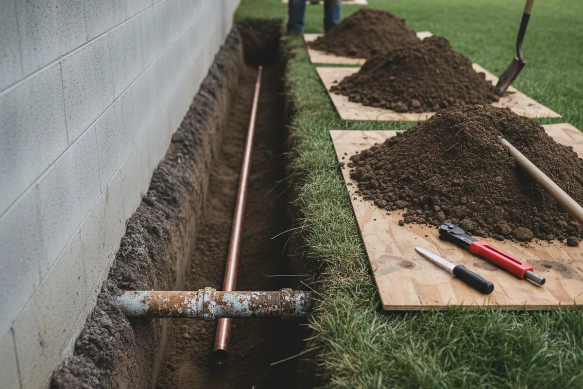 Excavated water line trench during Water Softener Installation in Freelandville